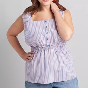 Lane Bryant No Peek Striped Button-Front Peplum Top Blue Red Women’s Plus Size